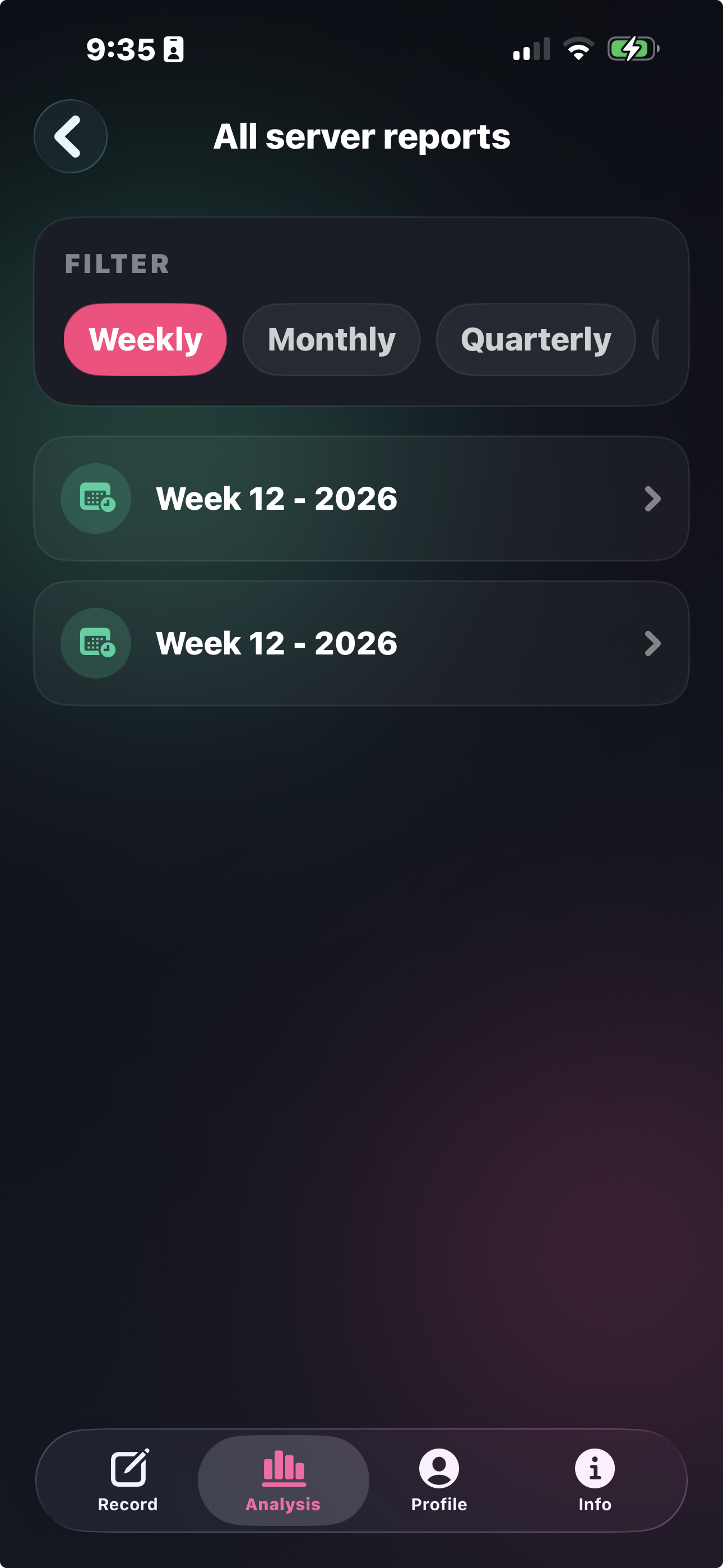 Critly weekly reports screen